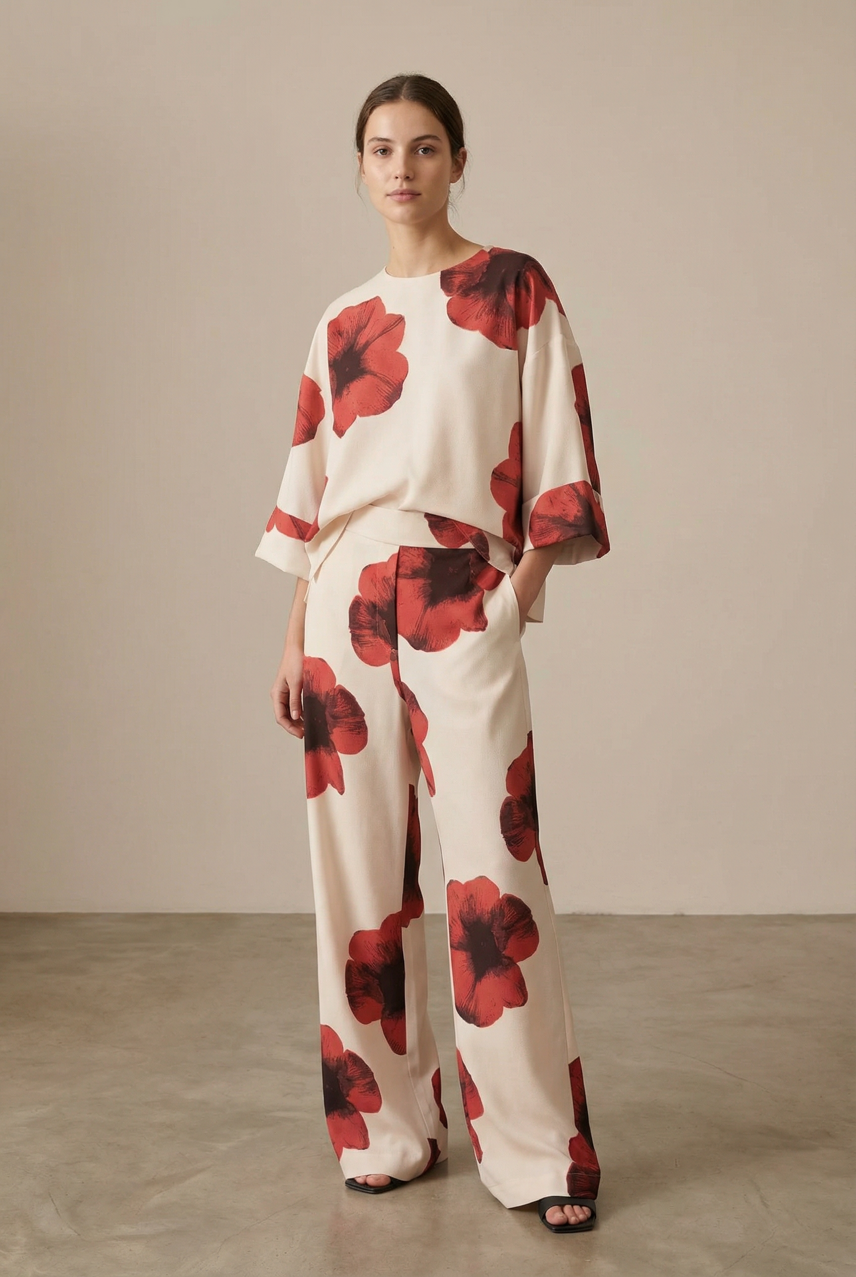 Chemisier Tendance Rouge Fleurie À Manches 3/4