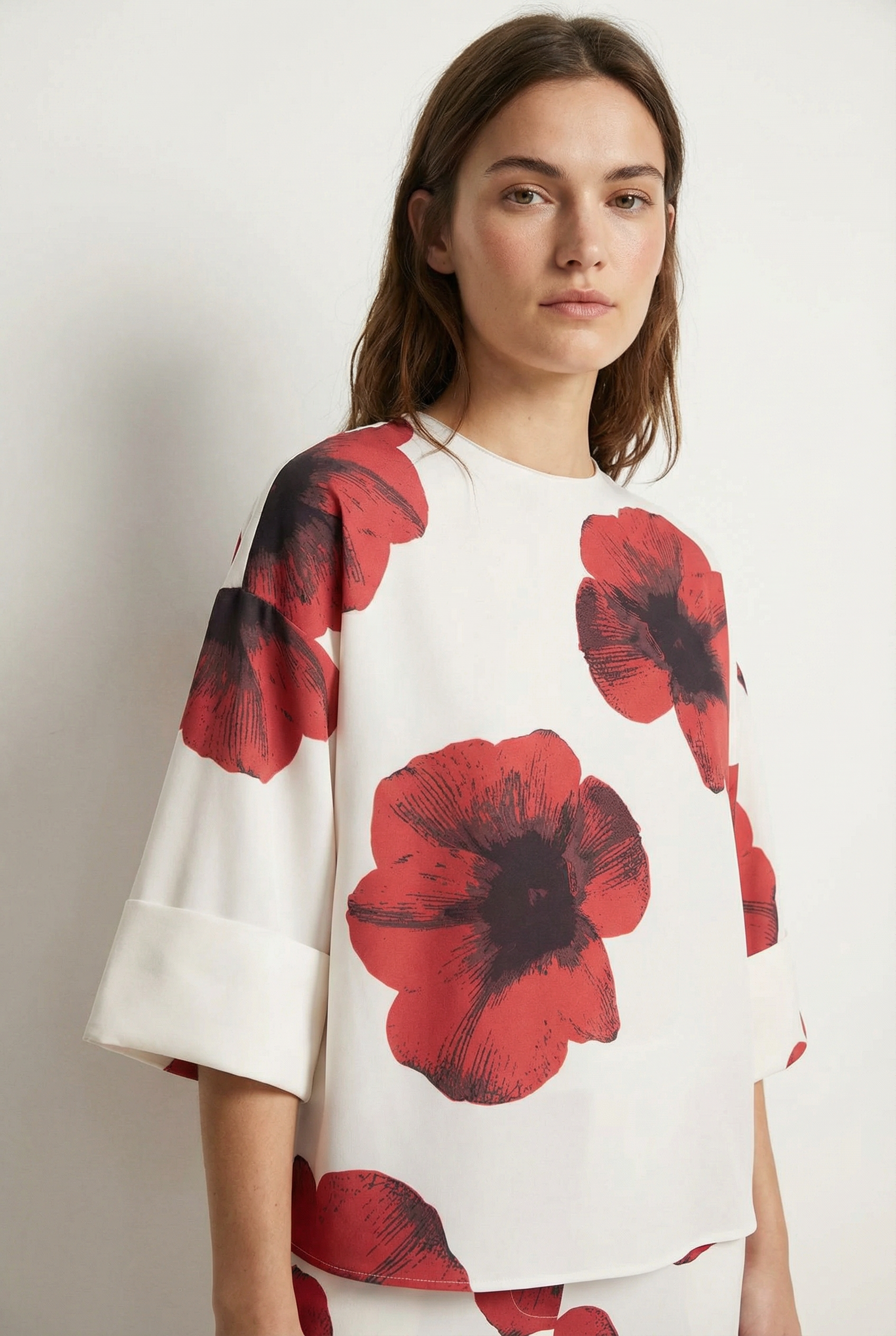 Chemisier Tendance Rouge Fleurie À Manches 3/4
