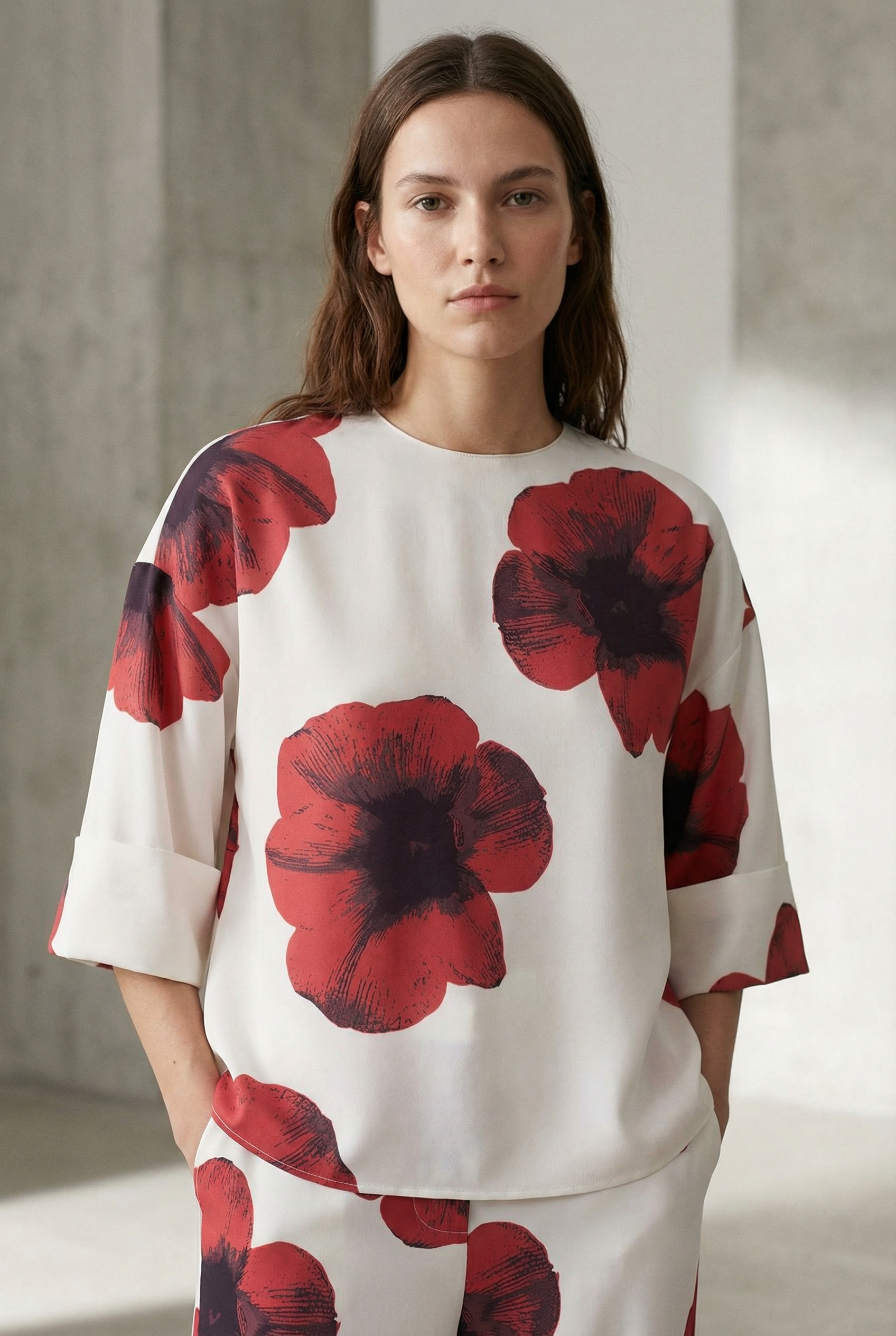 Chemisier Tendance Rouge Fleurie À Manches 3/4