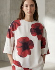 Chemisier Tendance Rouge Fleurie À Manches 3/4