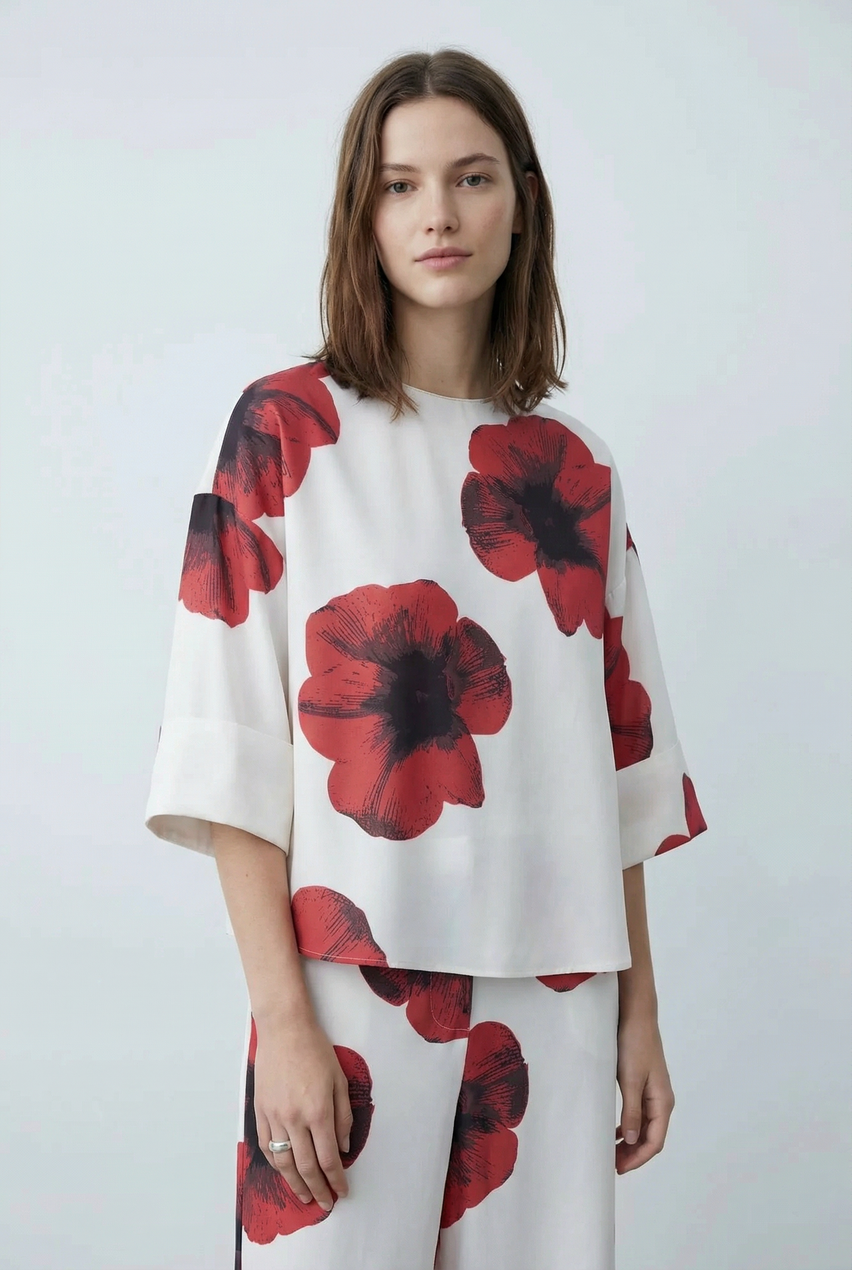 Chemisier Tendance Rouge Fleurie À Manches 3/4