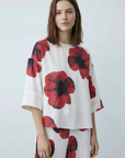 Chemisier Tendance Rouge Fleurie À Manches 3/4