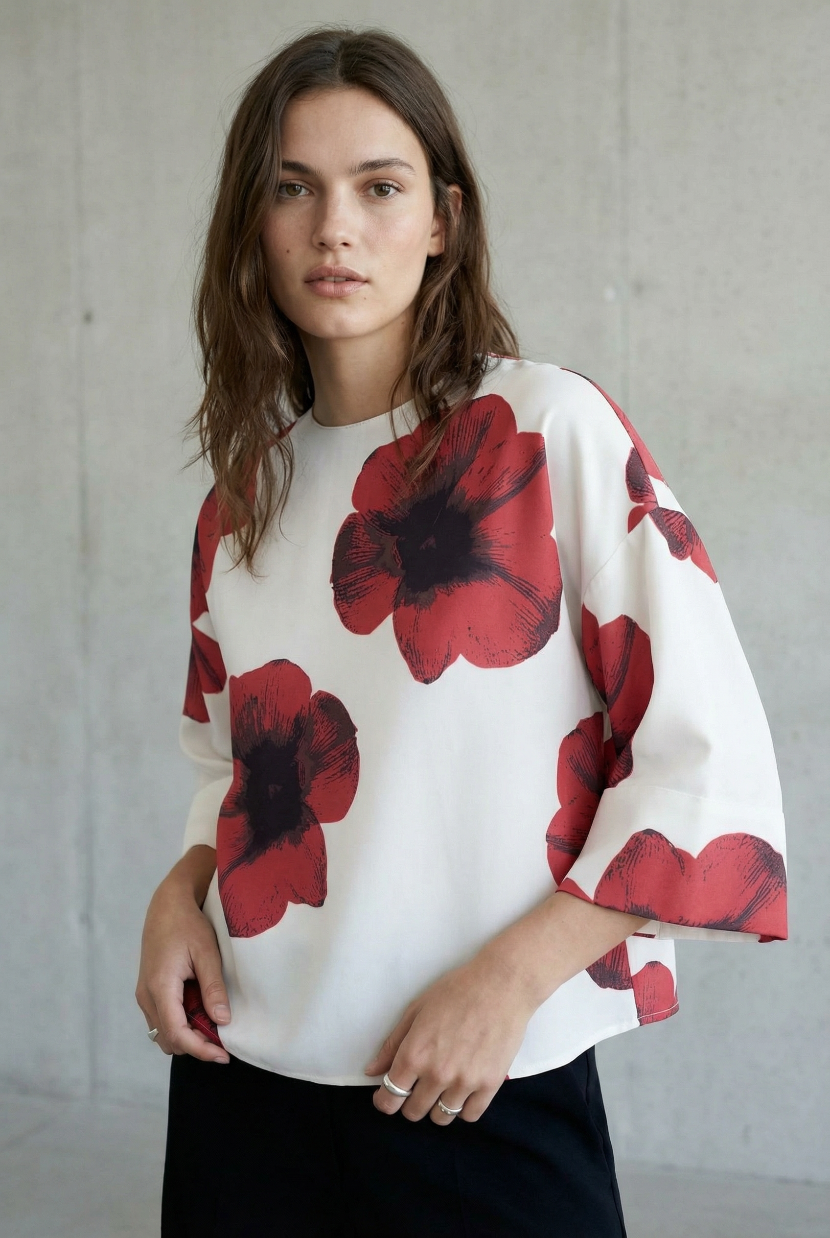 Chemisier Tendance Rouge Fleurie À Manches 3/4