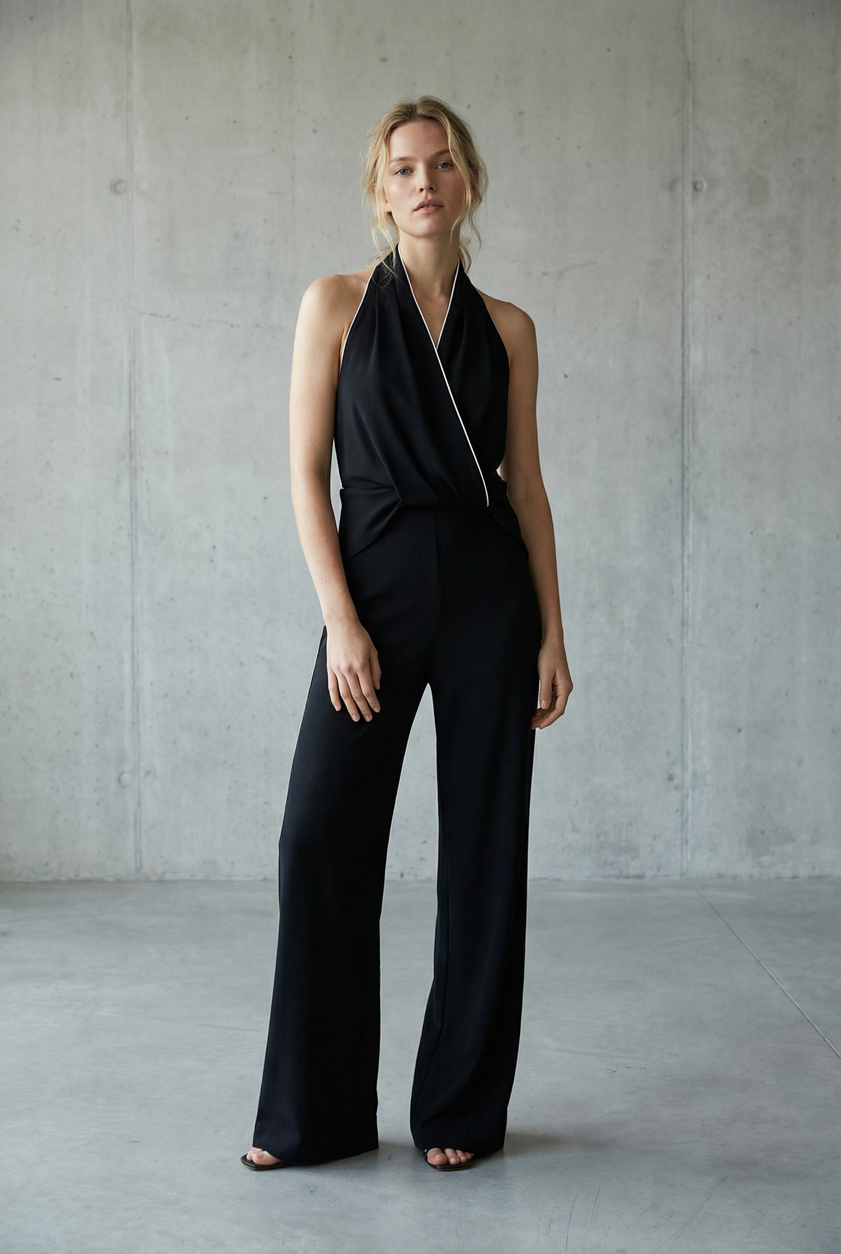 Modèle posant dans une combinaison halter noire à nœud, dos nu et jambe large, une pièce élégante pour toutes les occasions, représentant la combinaison noire élégante femme.