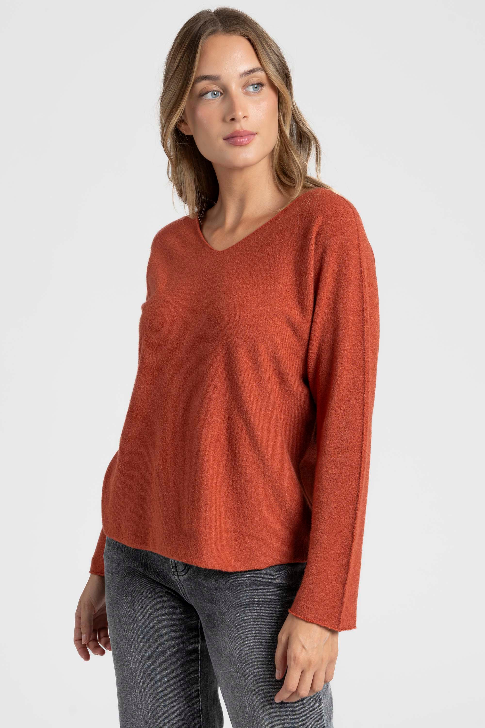 Pull col V femme, affichant le style avec confort et élégance, parfait pour les looks décontractés.