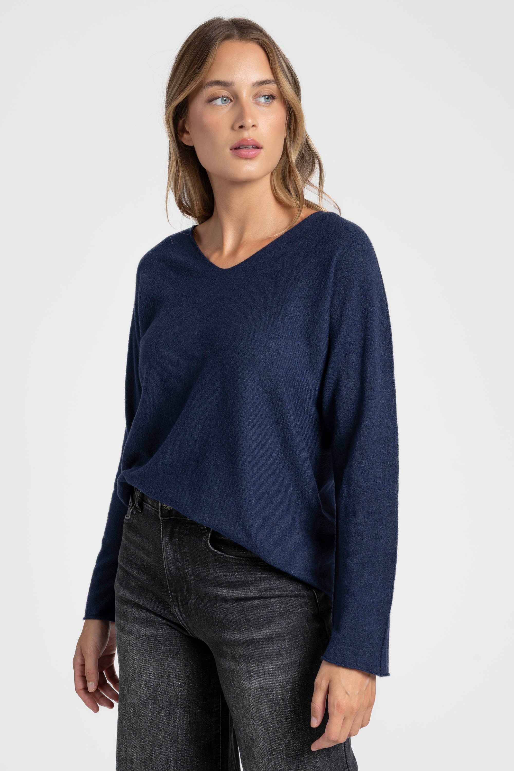 Pull fin col V femme bleu marine, offrant une belle option pour le quotidien avec style.