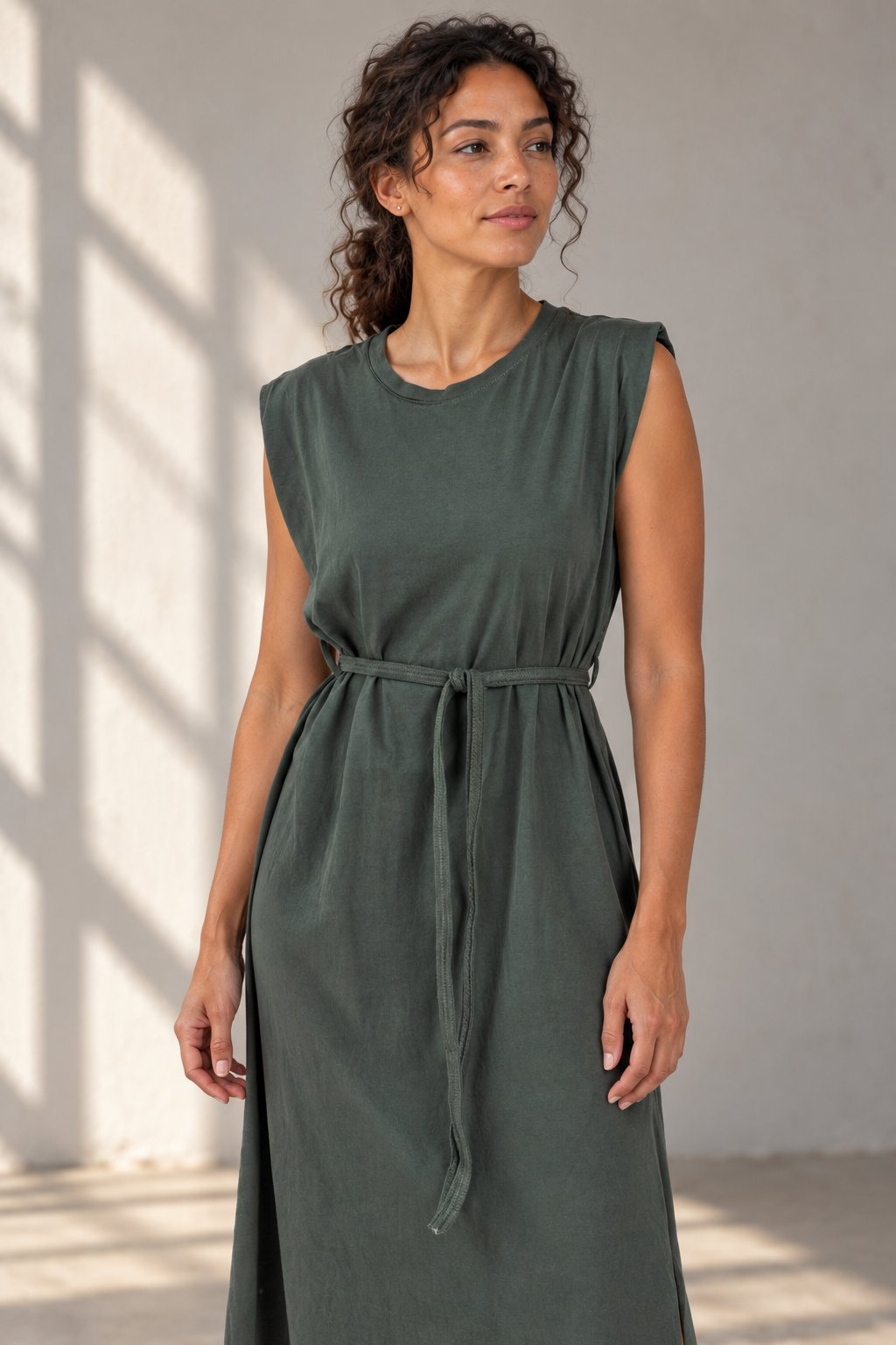 Robe midi femme en vert, avec ceinture, coupe droite élégante, gros plan.
