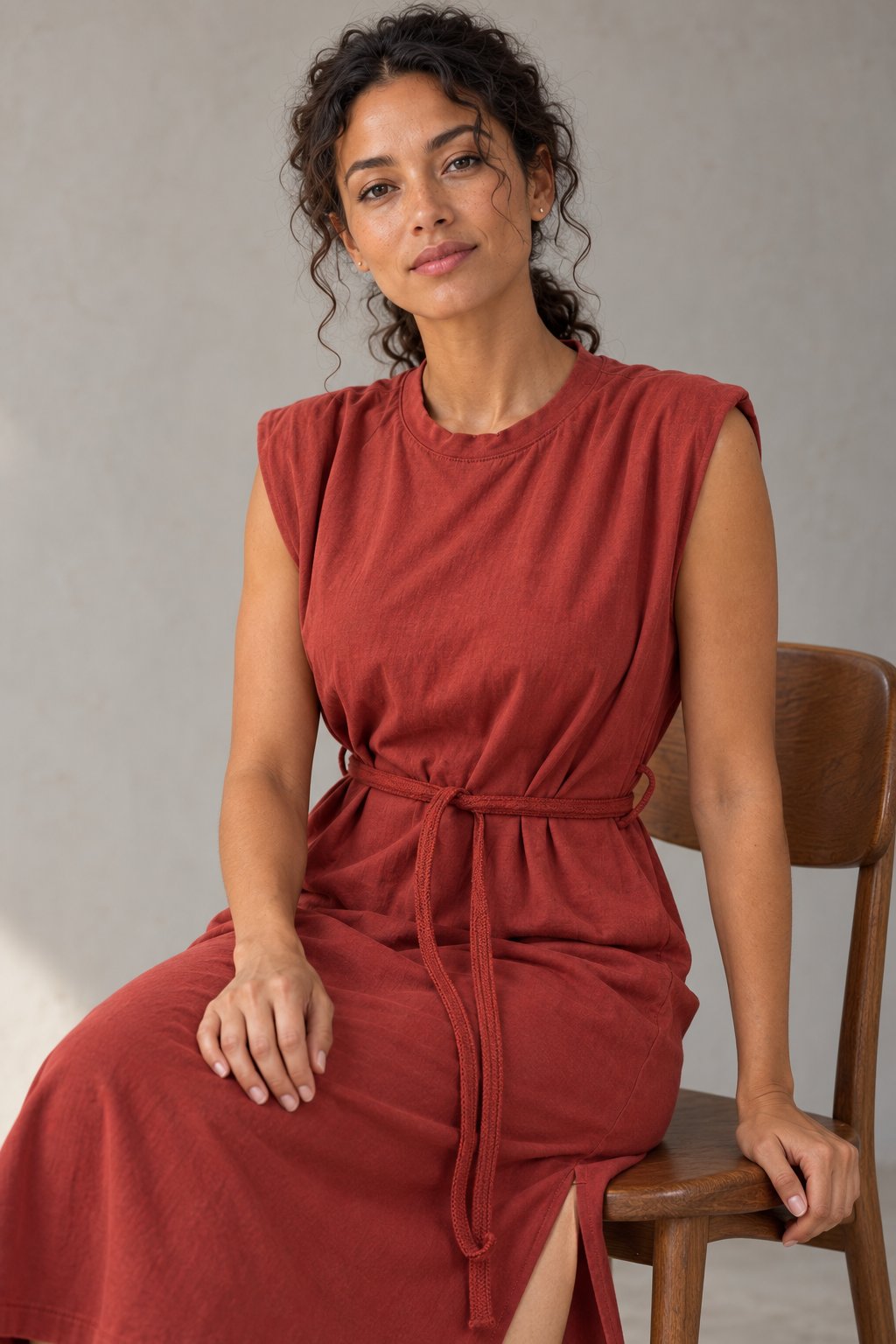 Robe midi femme en coton, ceinturée, coupe droite élégante, gros plan devant, couleur rouge.