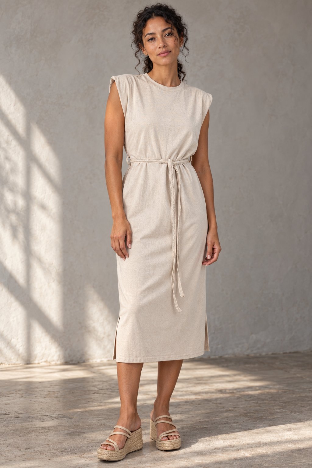 Robe midi femme en coton ceinturée, coupe droite élégante, vue complète avec la ceinture, couleur beige.