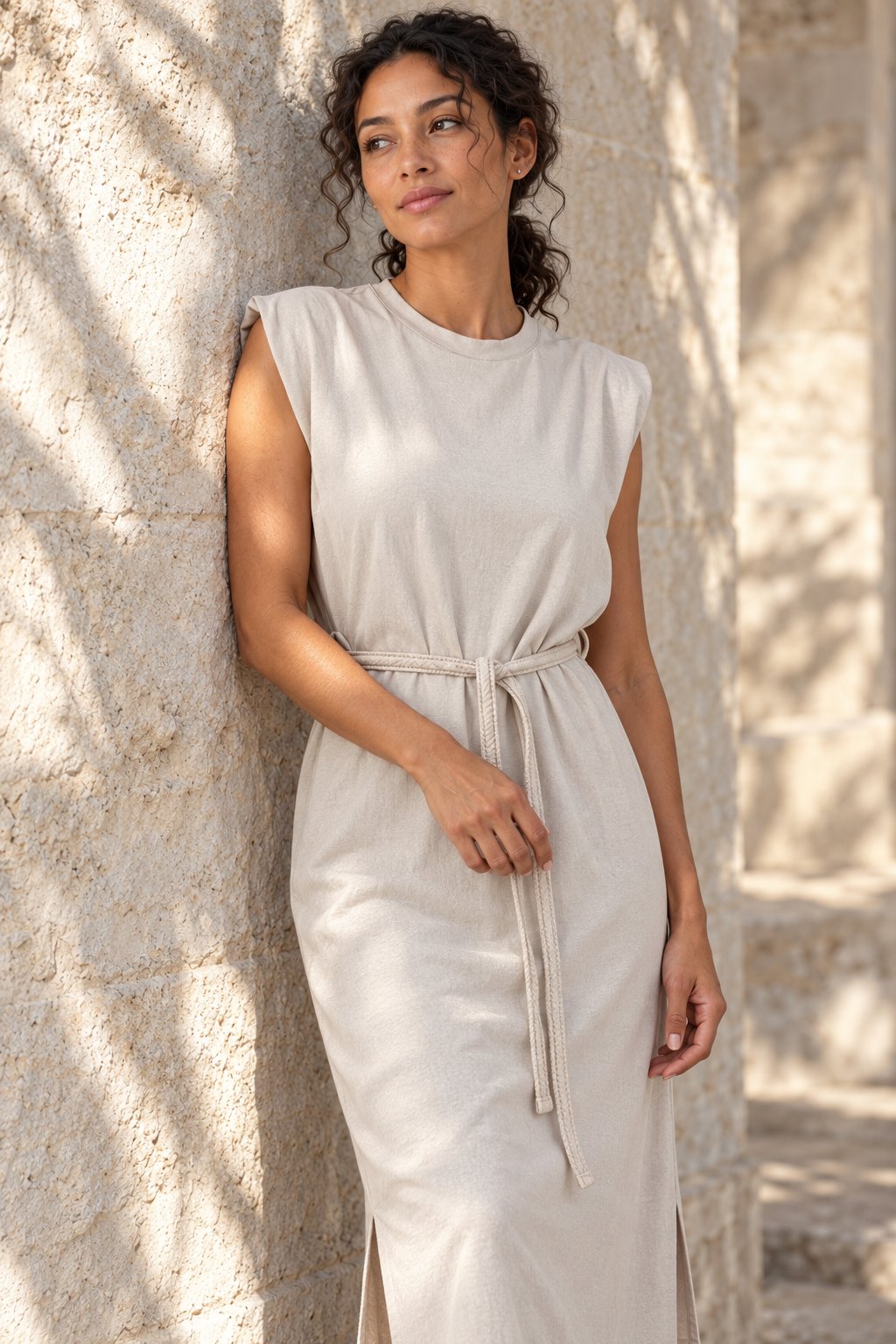 Robe midi femme en coton avec ceinture, coupe droite élégante, présentation avant, couleur beige.
