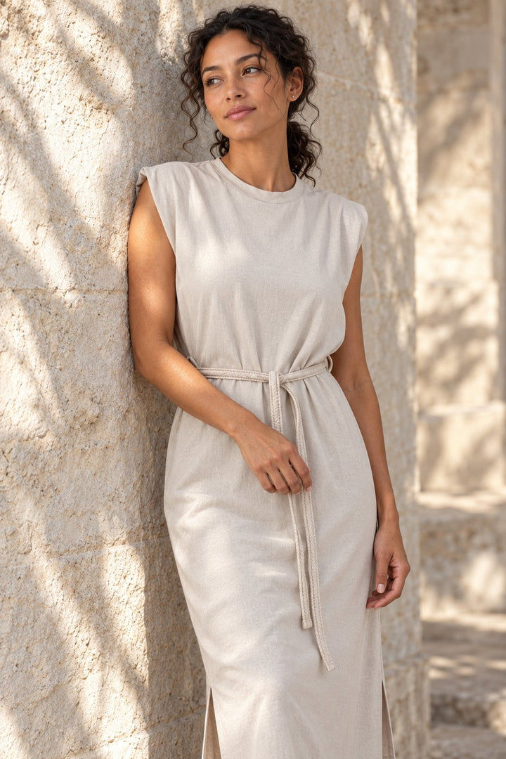Robe midi femme en coton avec ceinture, coupe droite élégante, présentation avant, couleur beige.