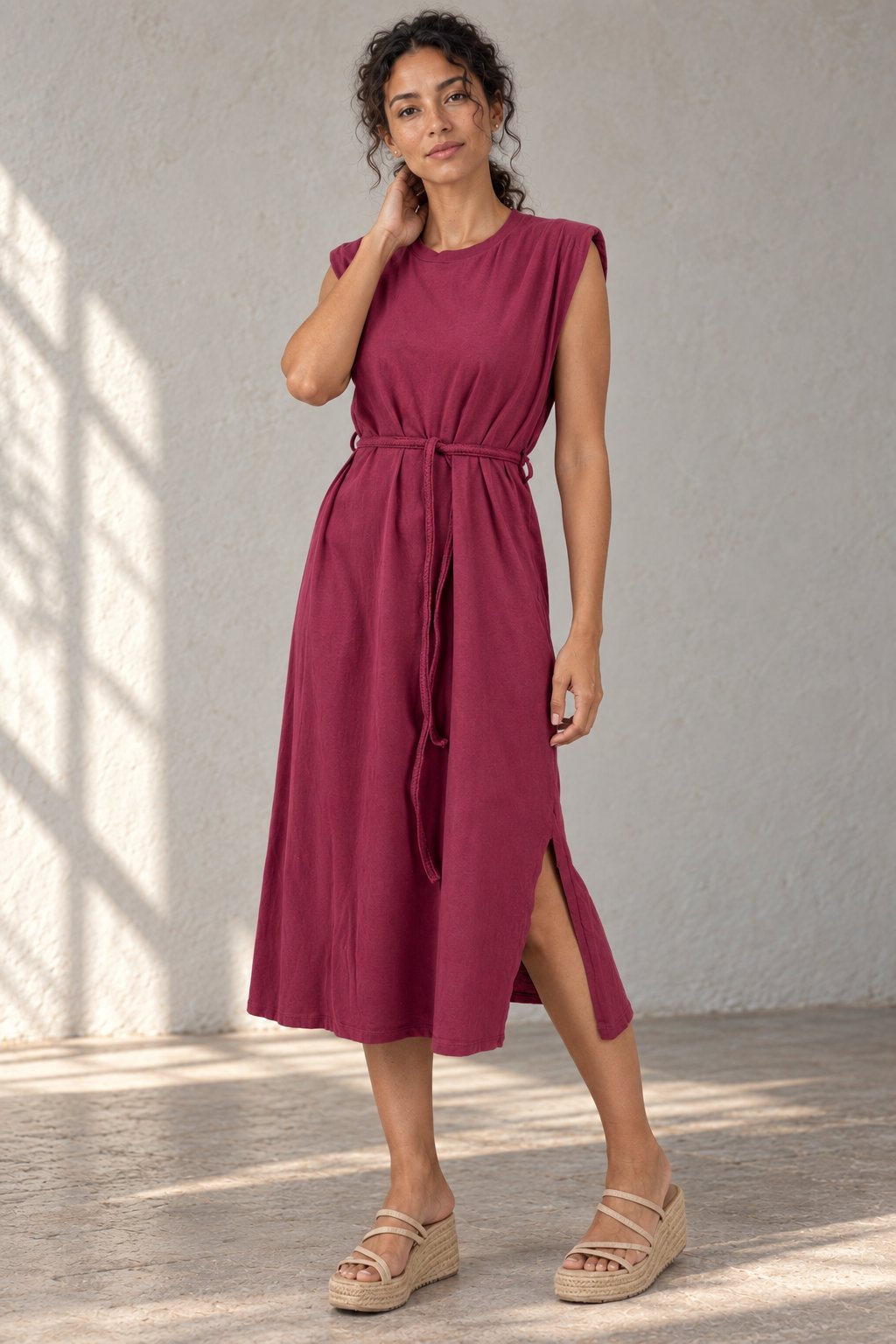 Robe midi femme en couleur bordeaux, ceinture, coupe droite élégante, présentation avant.