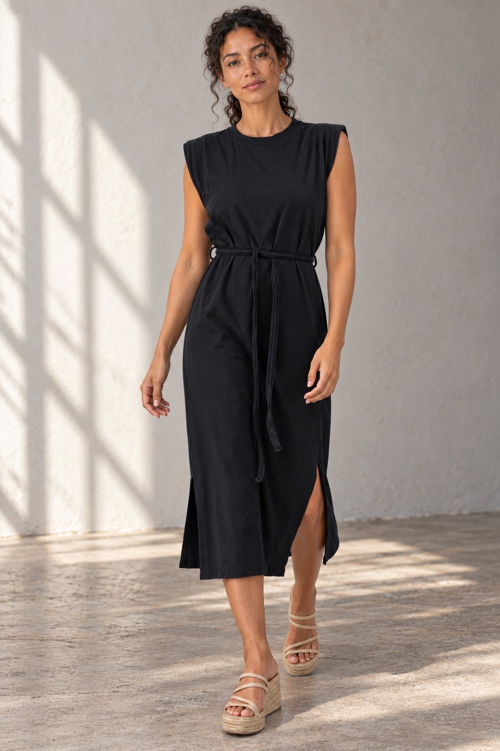 Robe midi femme en coton, ceinture incluse, coupe droite élégante, présentation avant, couleur noire.