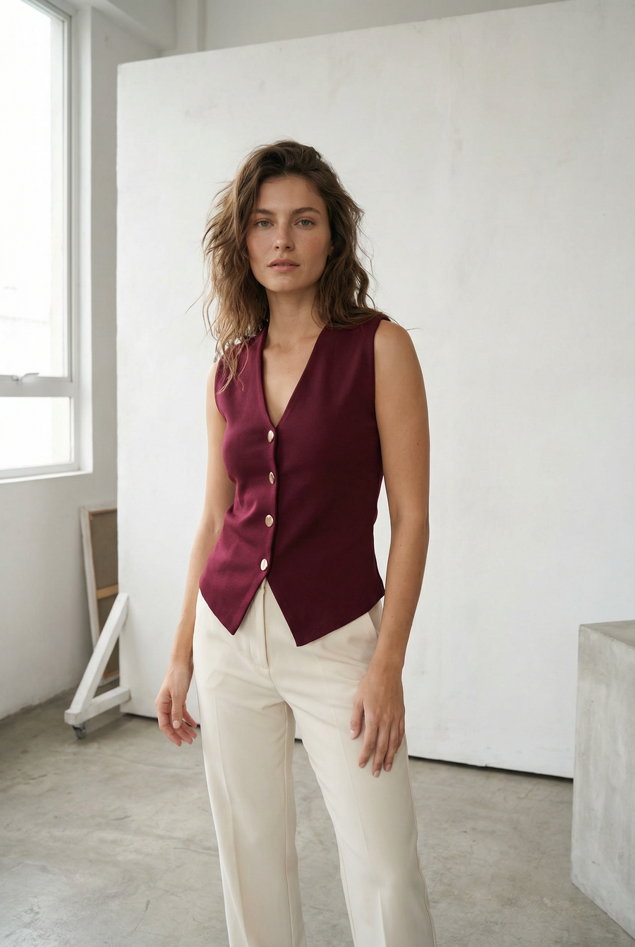 Débardeur Tricot Bordeaux Boutons Dorés