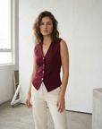 Débardeur Tricot Bordeaux Boutons Dorés