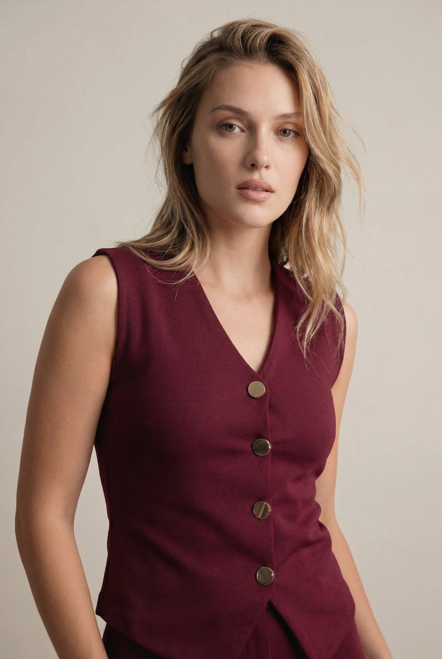 Débardeur Tricot Bordeaux Boutons Dorés