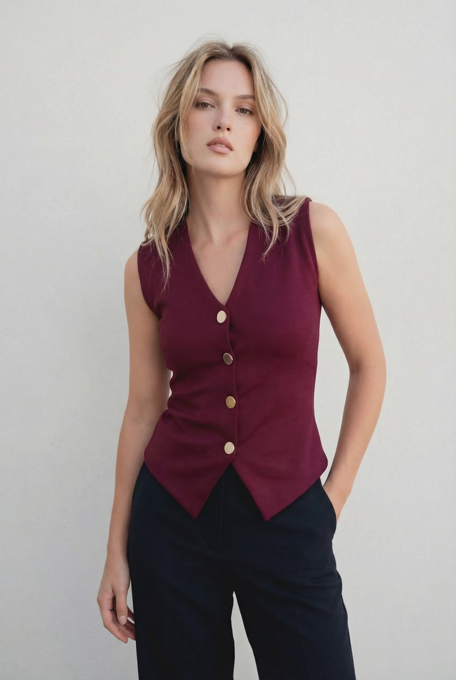 Débardeur Tricot Bordeaux Boutons Dorés
