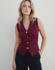 Débardeur Tricot Bordeaux Boutons Dorés