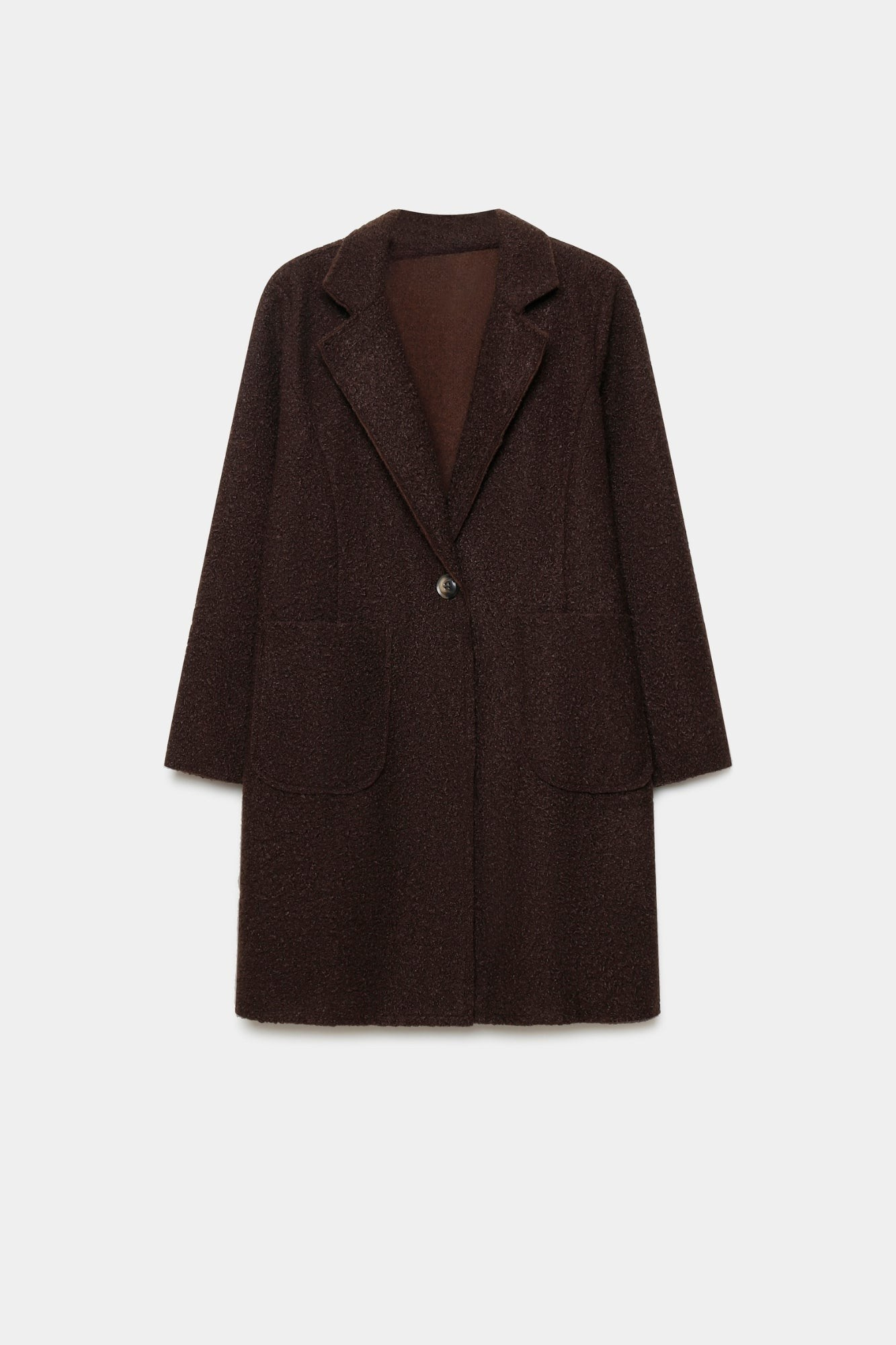 Manteau chaud hiver femme sherpa présenté sur fond blanc, mettant en avant le col à revers et la texture unique.