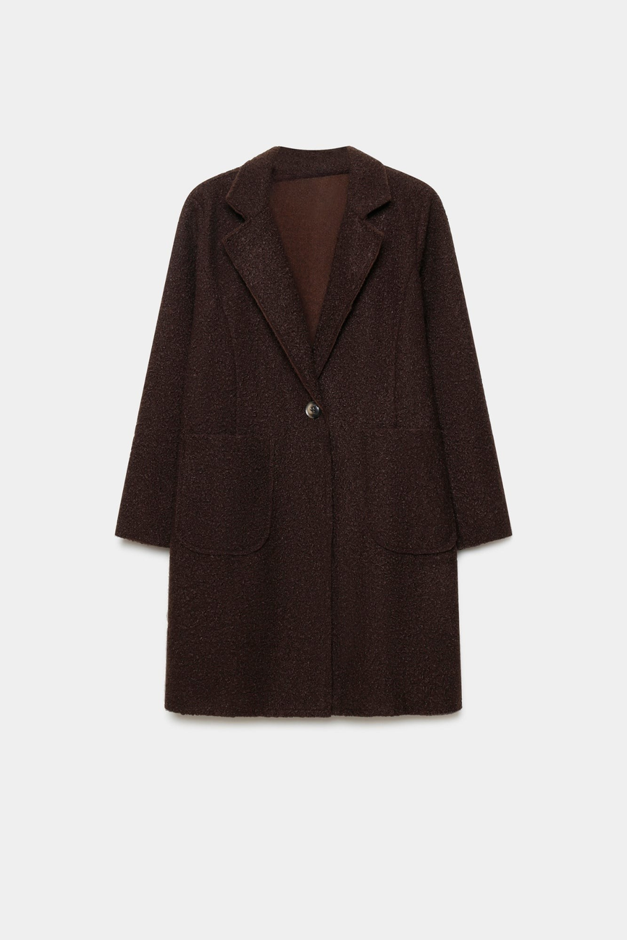 Manteau chaud hiver femme sherpa présenté sur fond blanc, mettant en avant le col à revers et la texture unique.