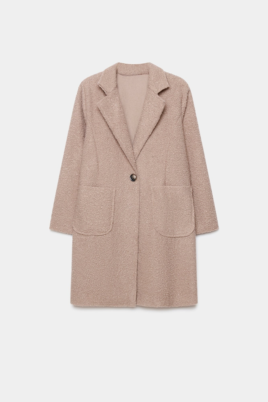 Manteau chaud hiver femme sherpa beige affiché sur fond blanc, idéal pour un look élégant en hiver.