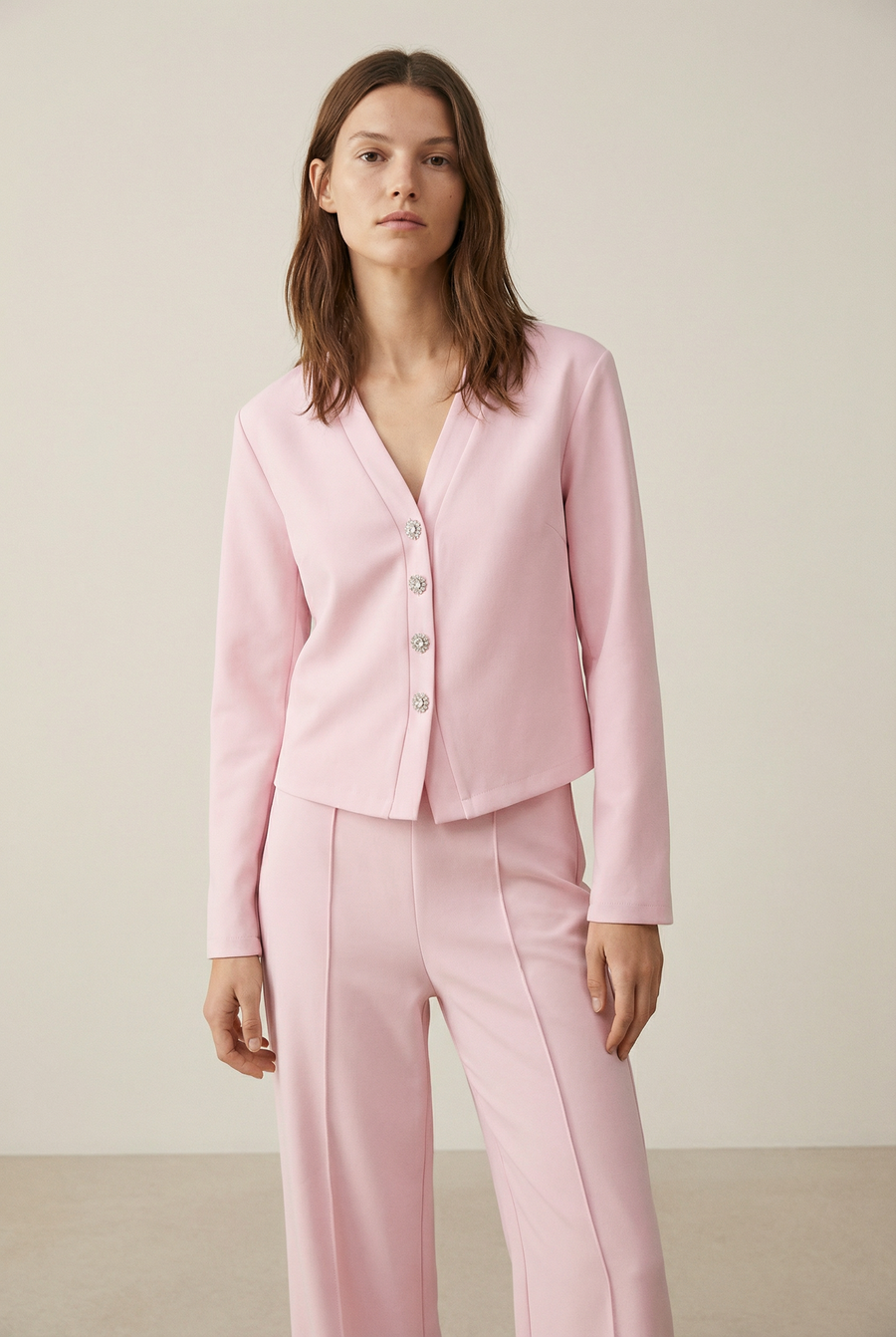 Ensemble deux pièces coton femme – Veste col V et pantalon confortable vue 14