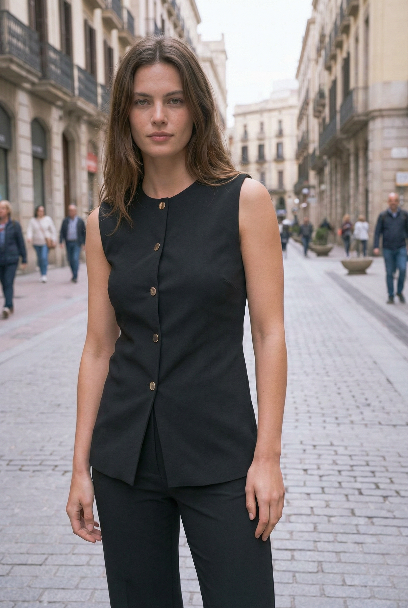 Gilet Costume Femme Chic Noir À Boutons Dorés