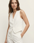 Chaleco elegante blanco sin mangas para mujer, corte entallado, escote en V profundo