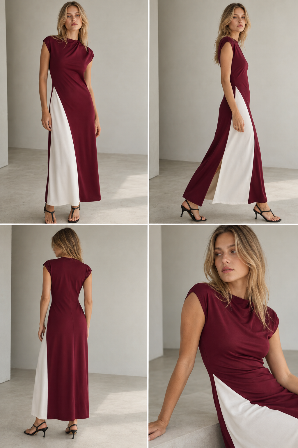 Robe midi bicolore bordeaux et blanc