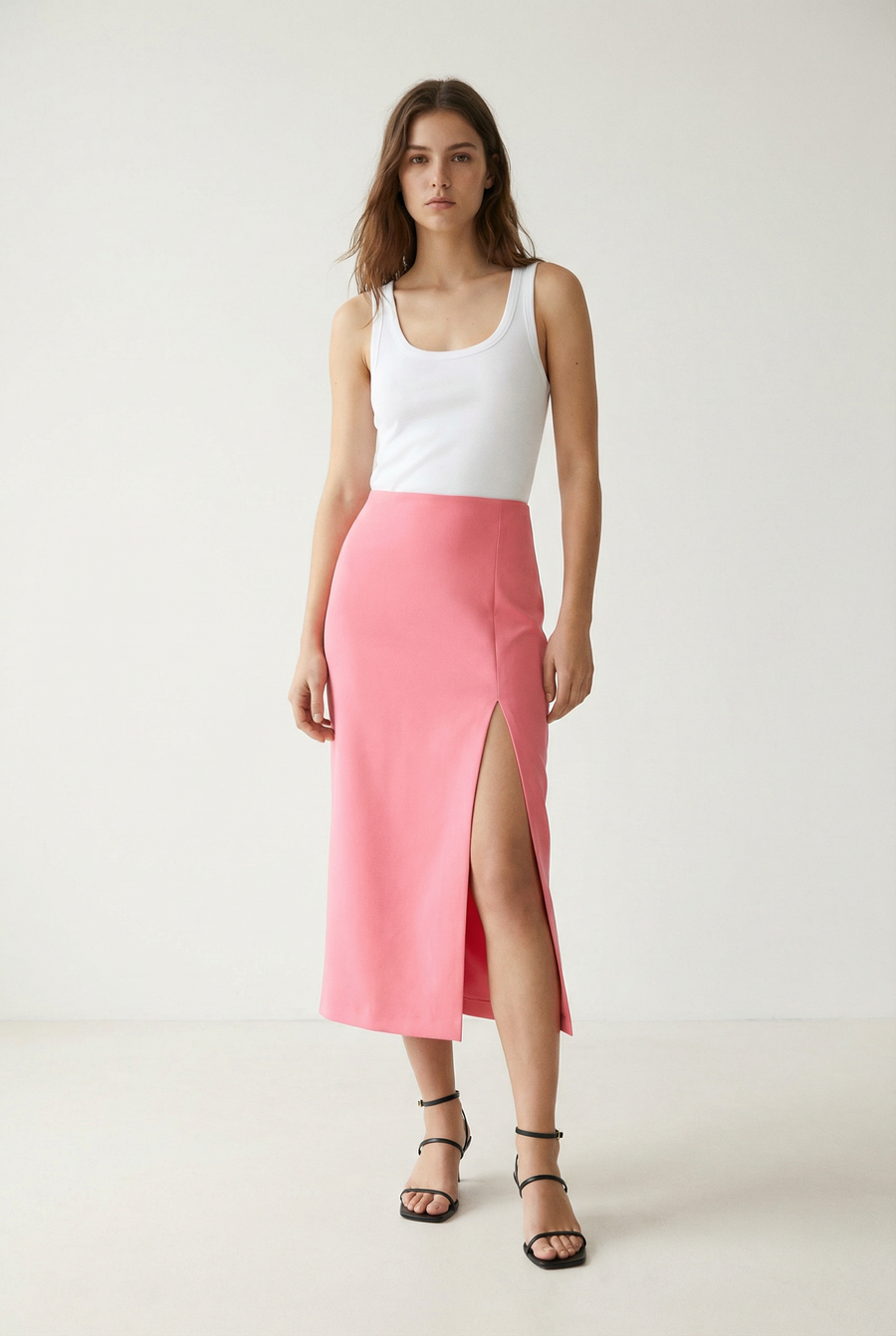 Jupe Midi Fendue Côté Rose Corail Fluide vue portée