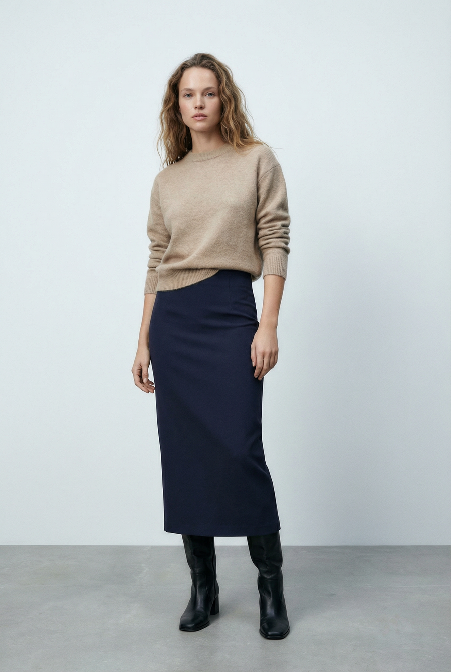 Jupe Midi Marine Taille Haute