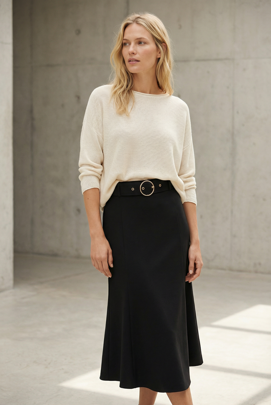 Jupe midi noire avec ceinture taille haute