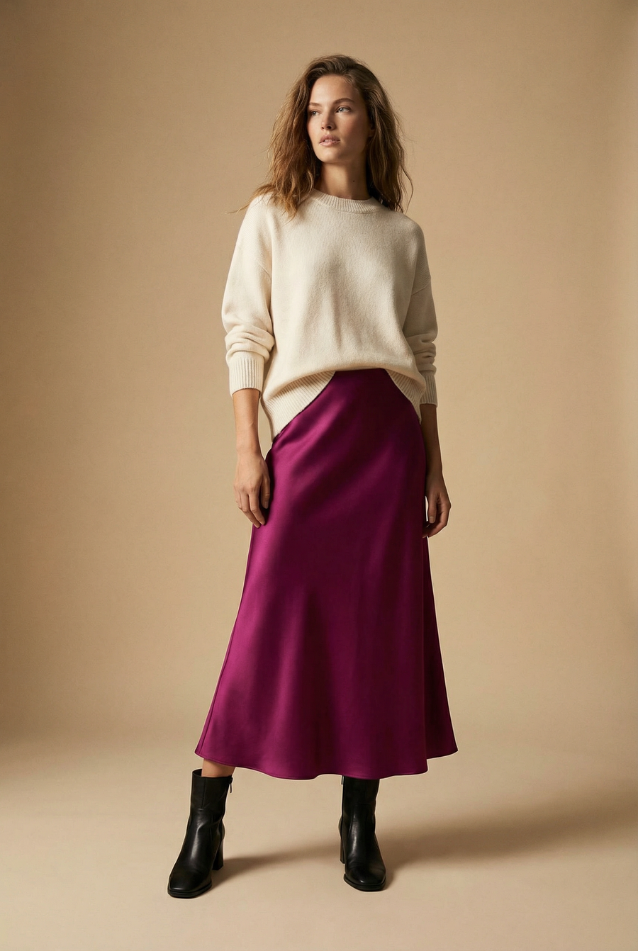 Jupe midi droite satinée taille élastique