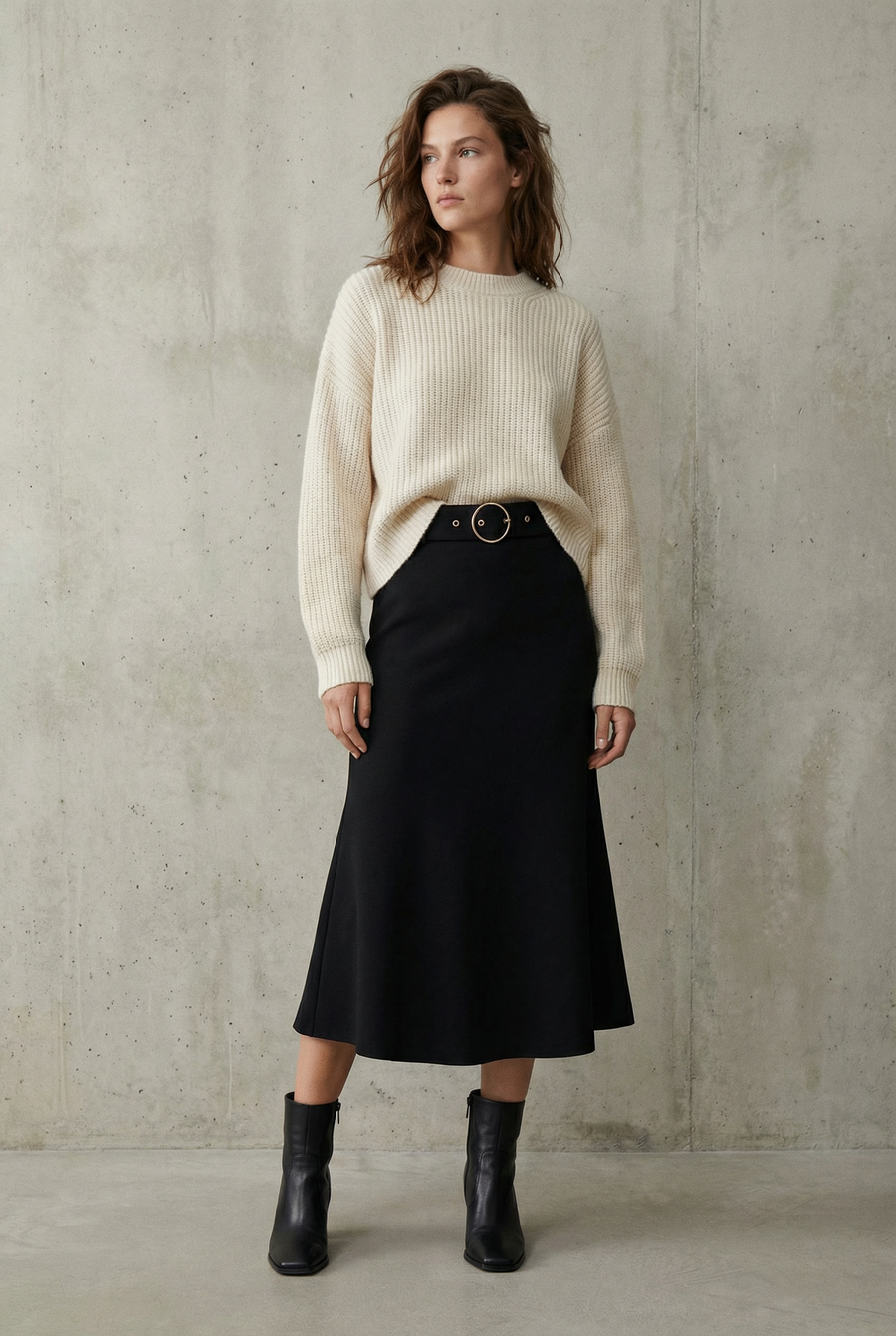 Jupe midi noire avec ceinture taille haute