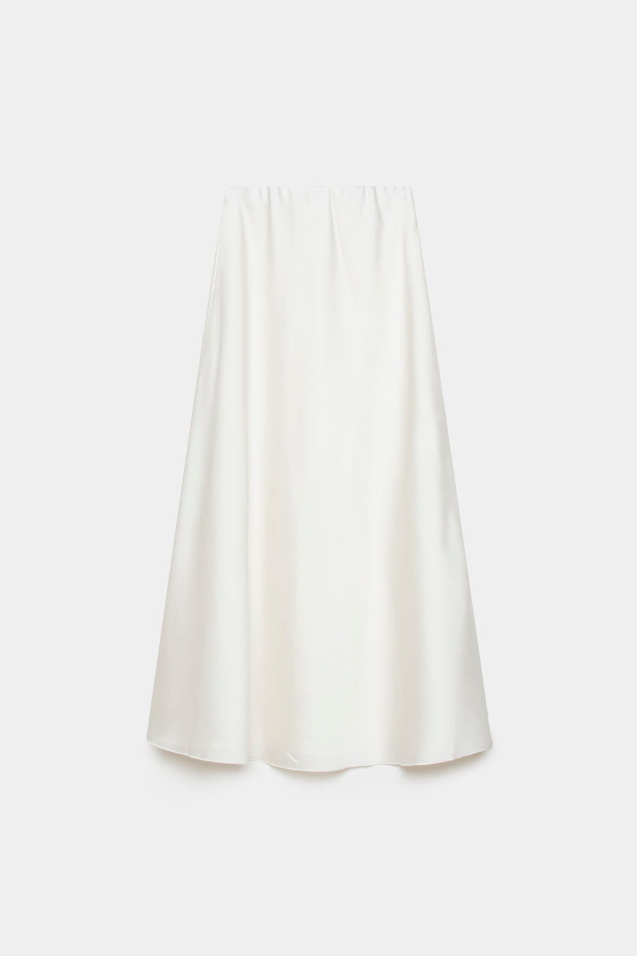 Jupe midi droite satinée en couleur blanche, vue en plein, mettant en avant la ceinture élastique et le tissu fluide.