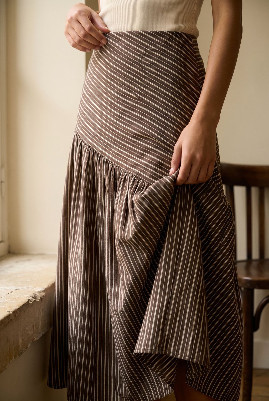 02. Jupe longue rayée taille haute volantée
