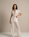 02. Pantalon palazzo en crochet écru à laçage V