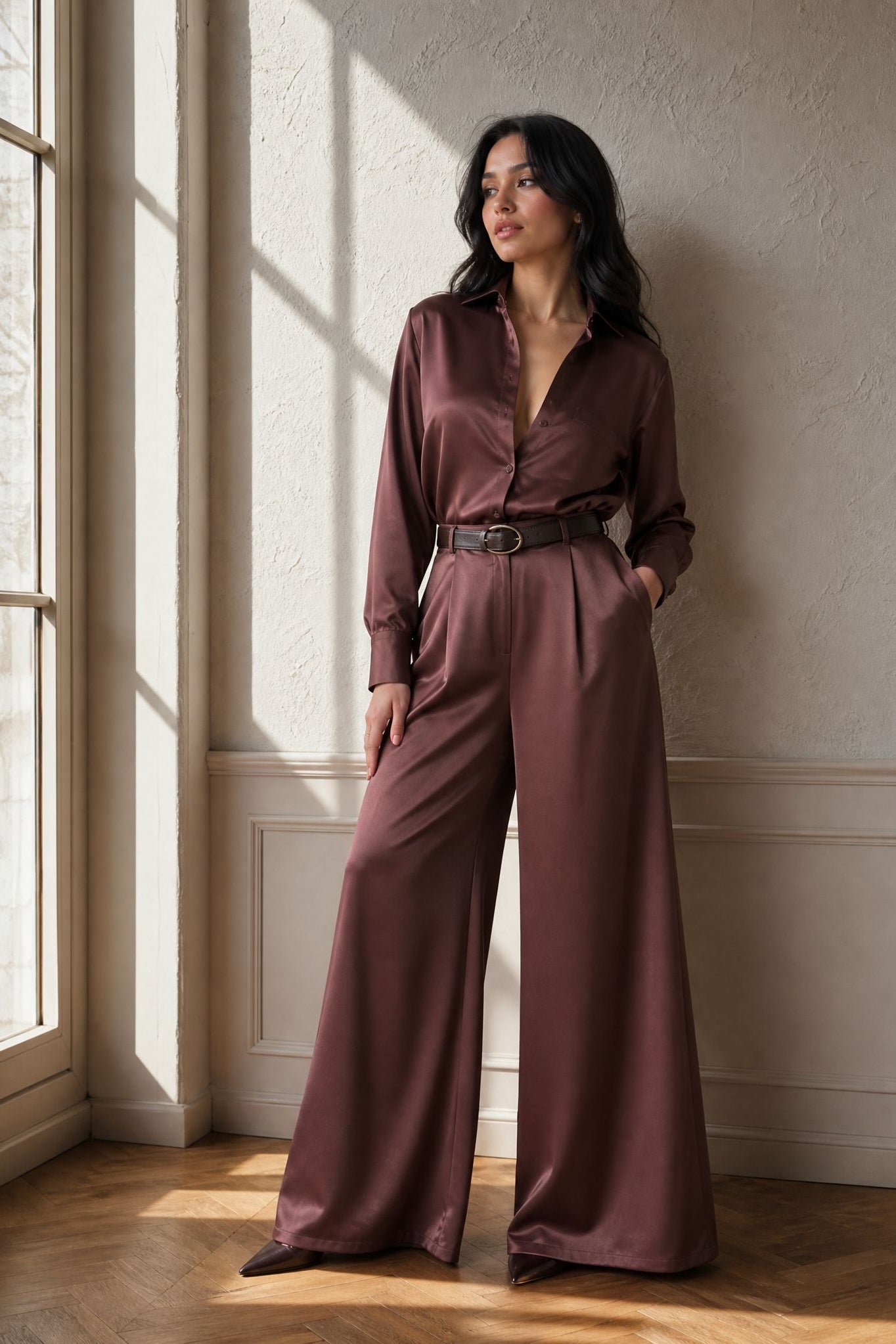 02. Pantalon palazzo satiné chocolat taille haute