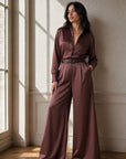 02. Pantalon palazzo satiné chocolat taille haute