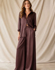 02. Pantalon palazzo satiné chocolat taille haute