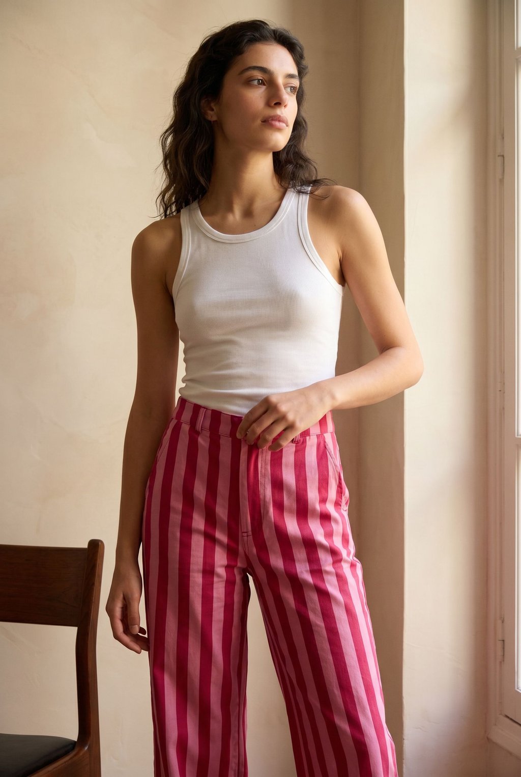 02. Pantalon rayé taille haute coton