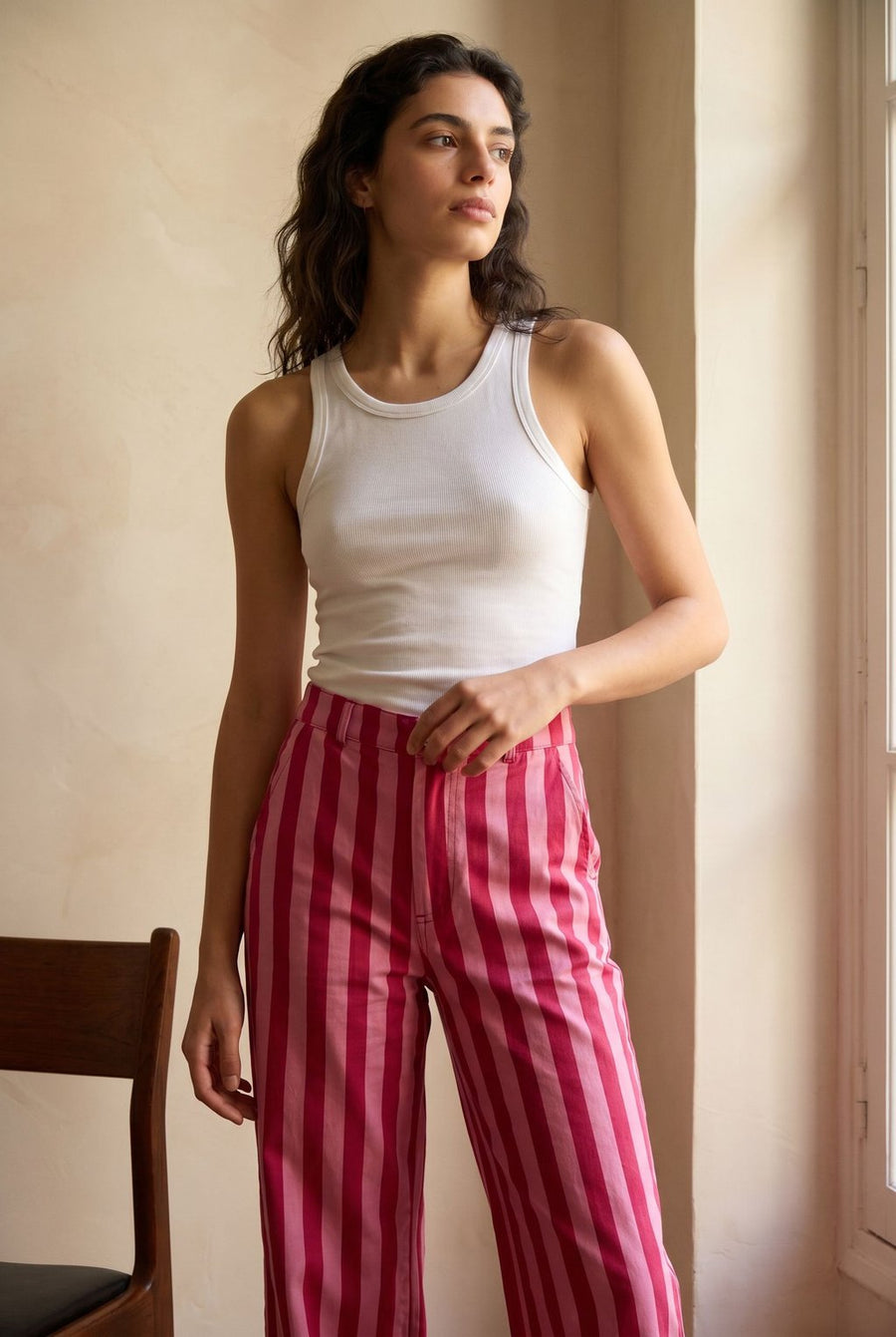 02. Pantalon rayé taille haute coton