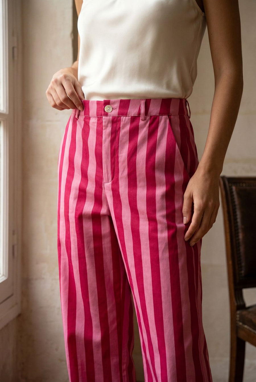 02. Pantalon rayé taille haute coton