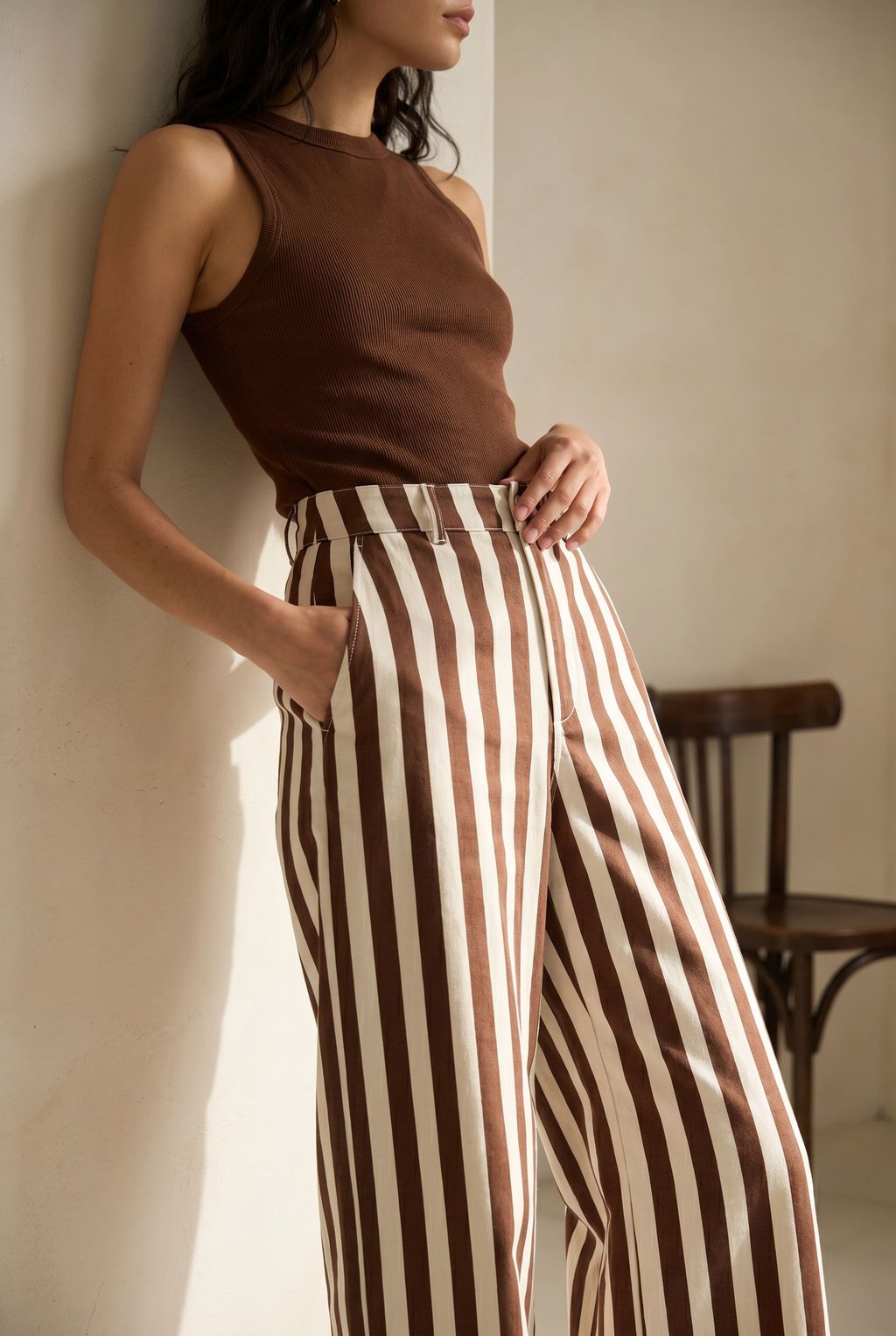 02. Pantalon rayé taille haute coton