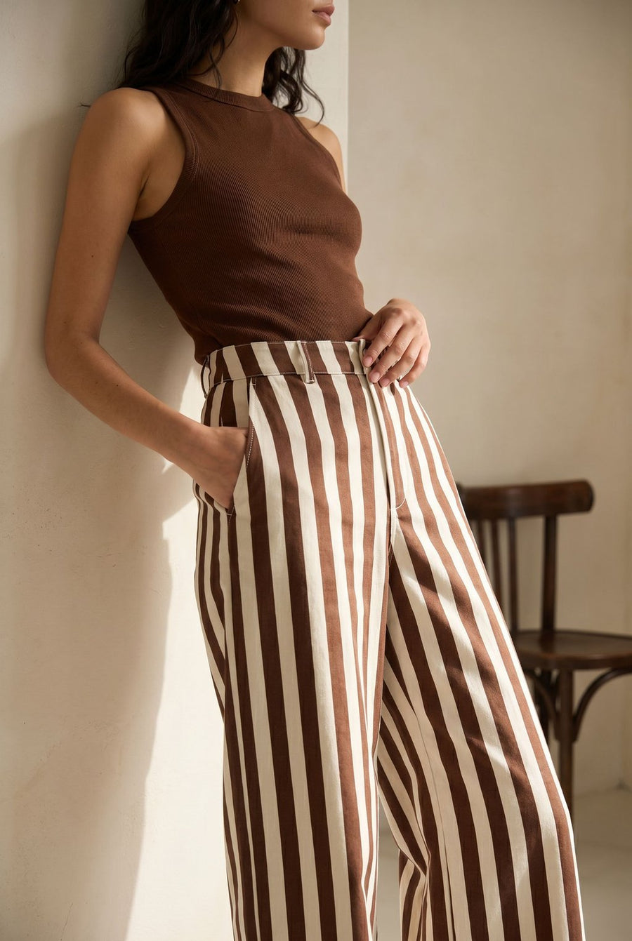 02. Pantalon rayé taille haute coton