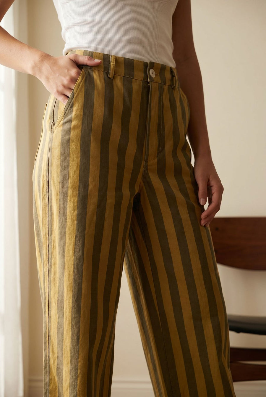 02. Pantalon rayé taille haute coton