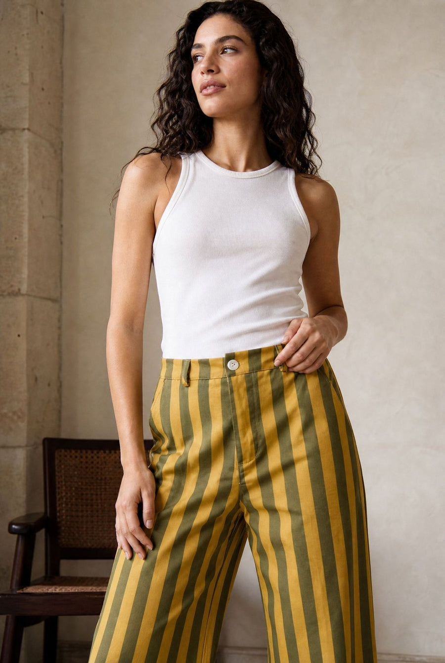 02. Pantalon rayé taille haute coton