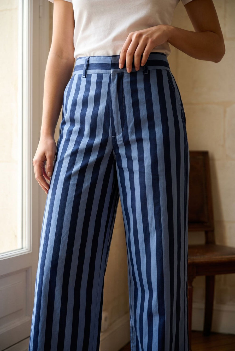 02. Pantalon rayé taille haute coton