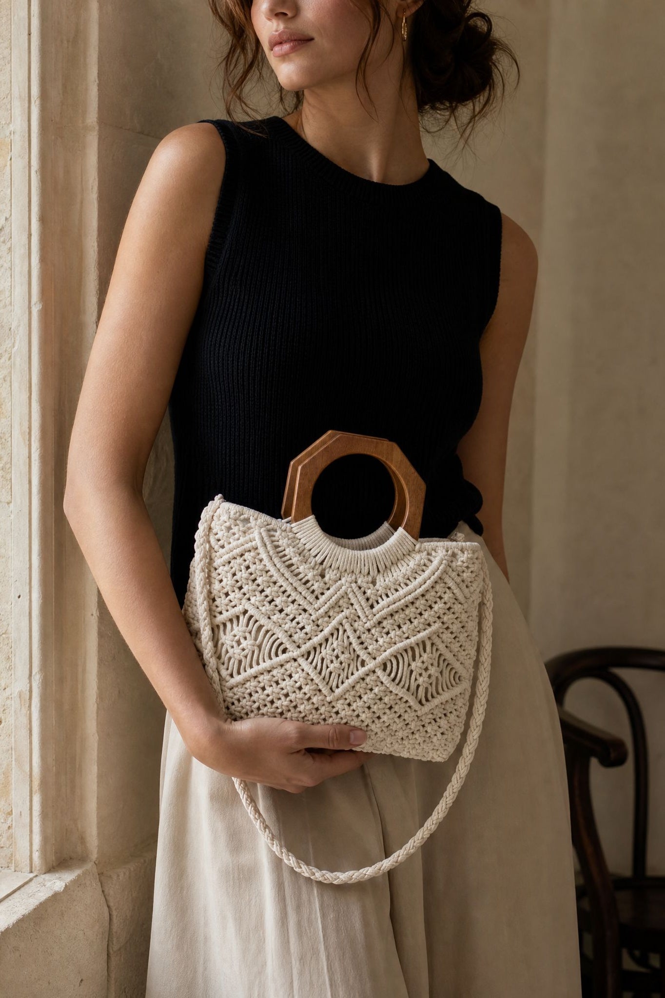 02. Sac Mini cabas en macramé à anses en bois