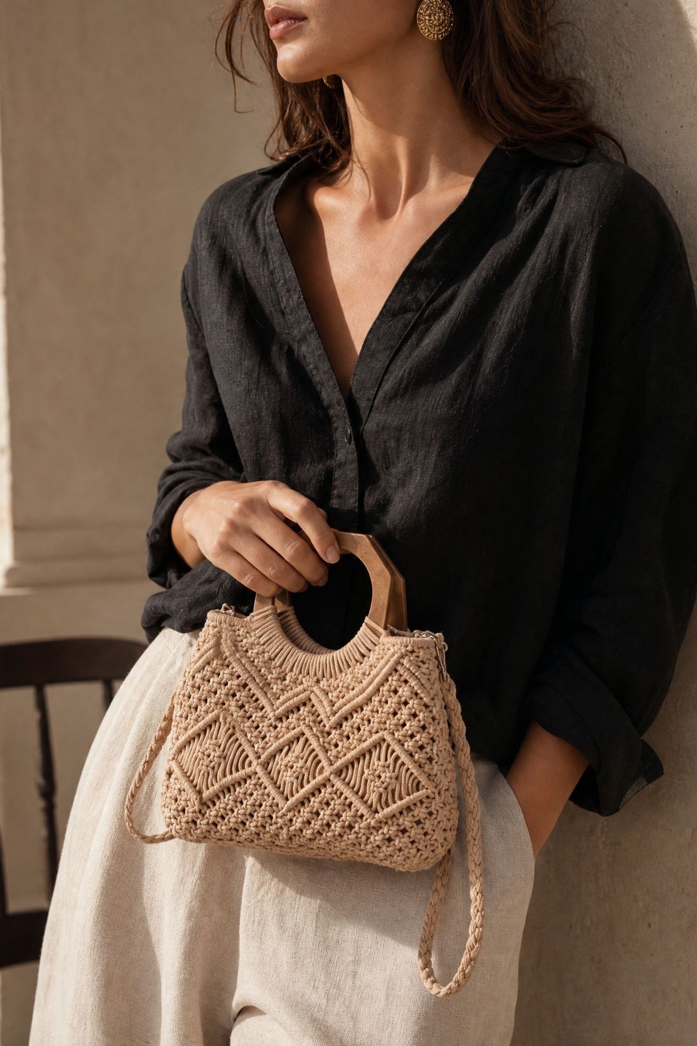 02. Sac Mini cabas en macramé à anses en bois